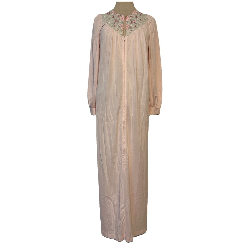 Vintage Pink Satin Floral Lace Neck Robe JC Penney S/M House Dress Zip Up